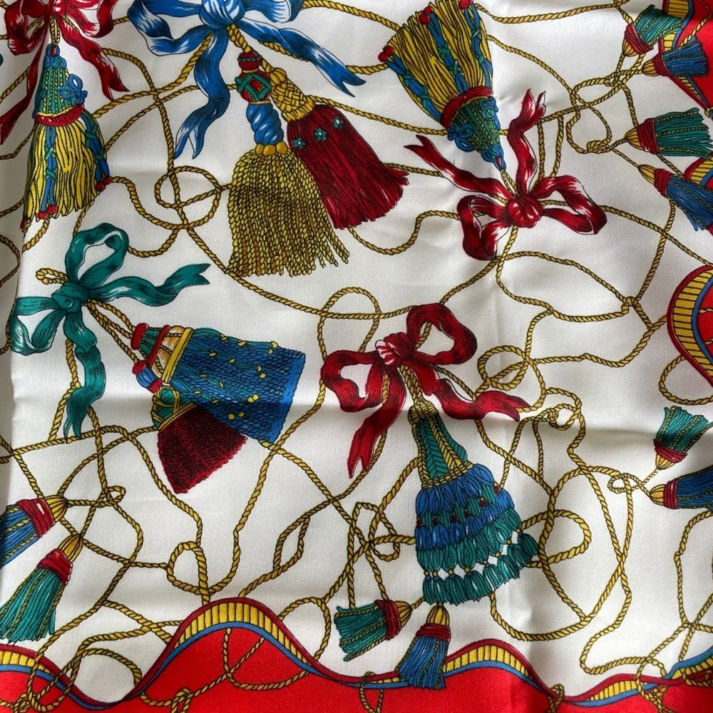 Berkshire Vintage Square Scarf Red White‎ Equestrian Tassel Made in Italy 31x31